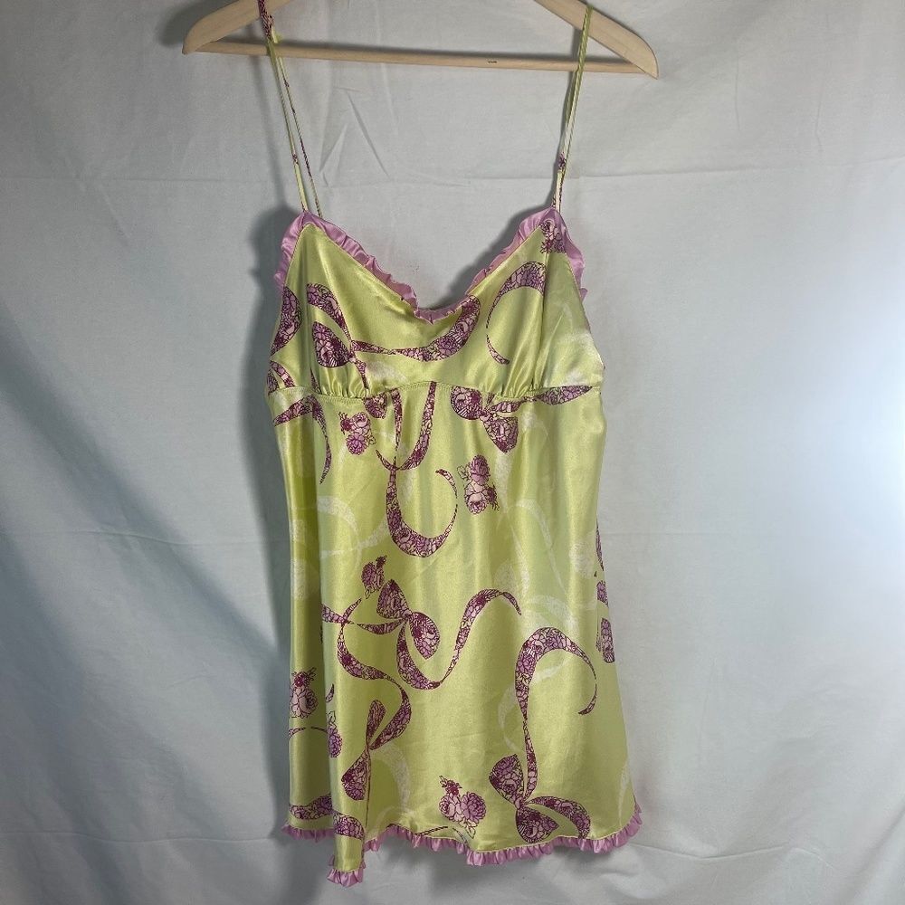 Victoria's‎ Secret Pink/Green Bow Print Ruffle Trim Chemise Sz L